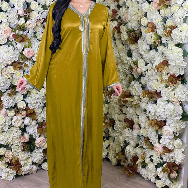 Женский атласный кафтан с длинным рукавом марокканская Дубайская абайя