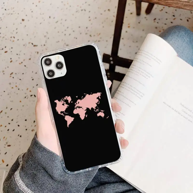 

World map couple black Phone Case Transparent for iPhone 11 12 mini pro XS MAX 8 7 6 6S Plus X 5S SE 2020 XR