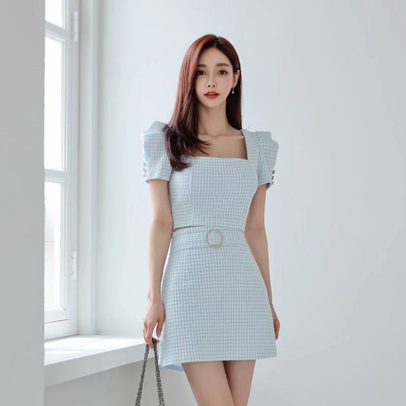 

Matching Set Puff Sleeve Crop Top And High Waist Skirts Women Korean Style Female Elegant Office OL Plaid Two Piece Suit