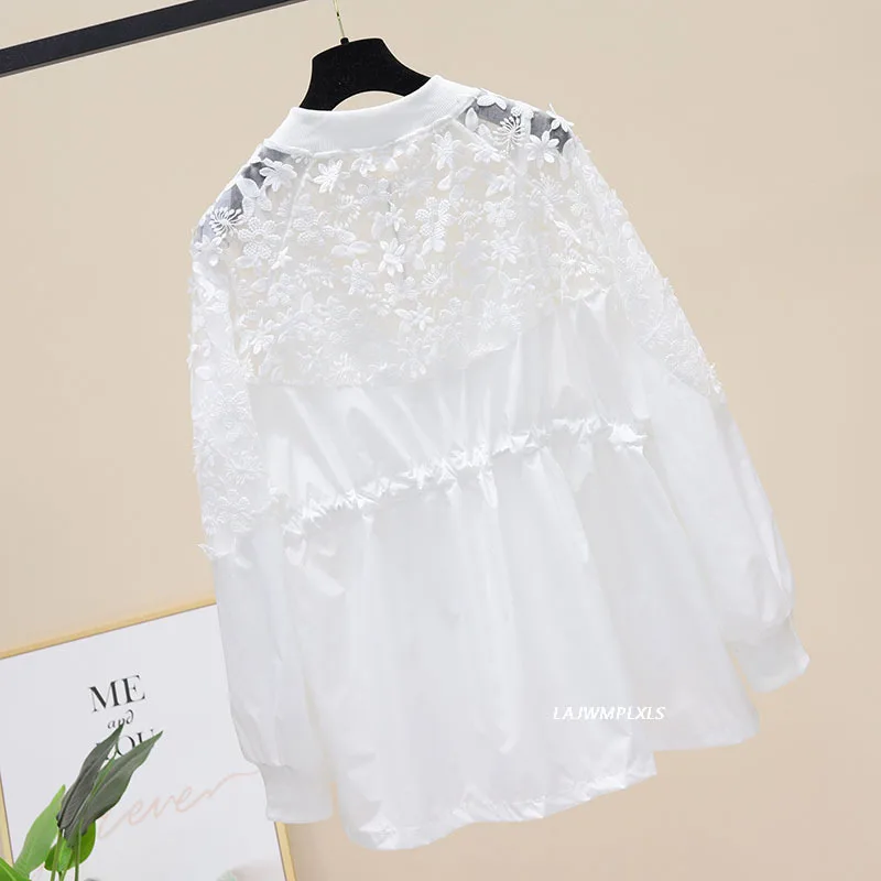 

Black/White Casual Coats Spring Summer New Loose Lace Embroidery Casual Sunscreen Mid-length Jackets Women Fashion 2021