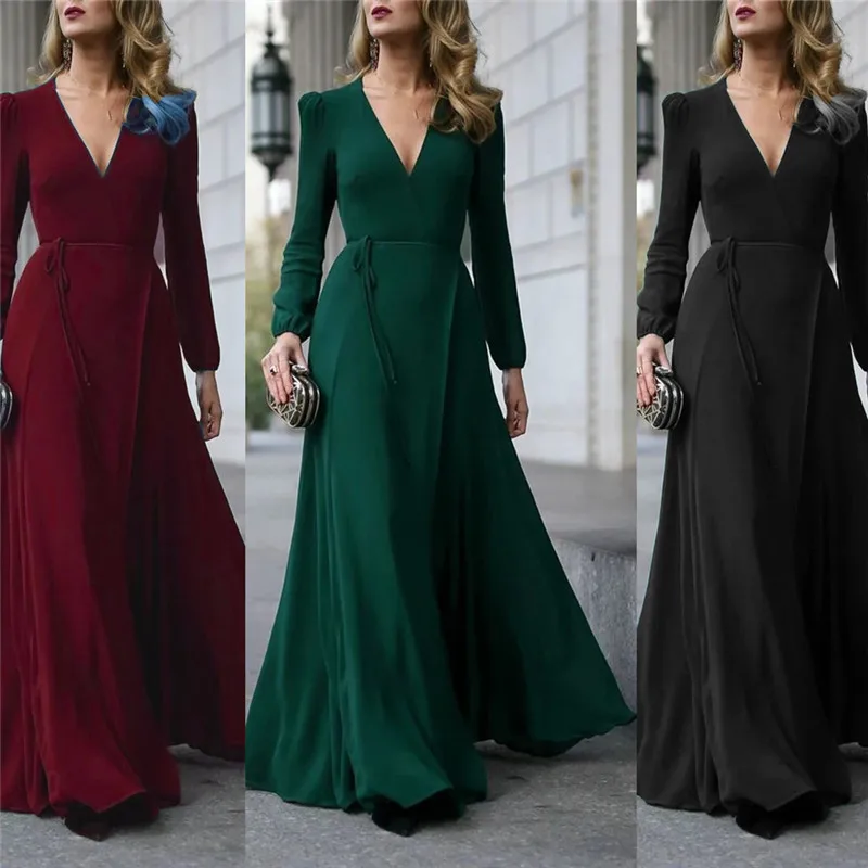Женское длинное вечернее платье макси однотонное элегантное с глубоким V