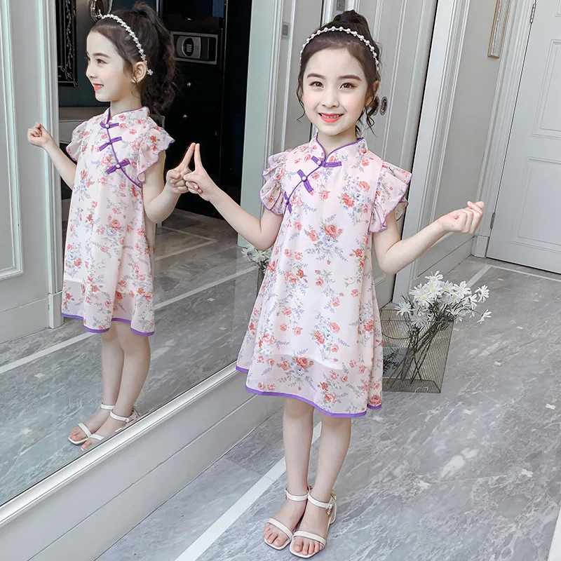 

Girls Cheongsam Summer Dress, 2021 New Children's Retro Chinese Style Ancient Costume Hanfu Skirt, Floral Chiffon Dress
