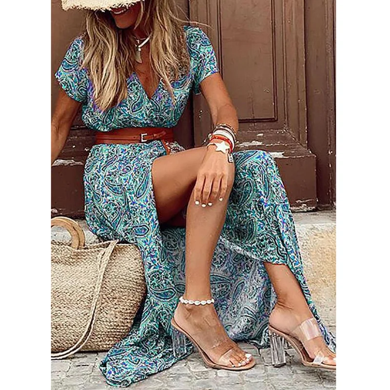 

Womens Long Dress Summer V-neck Boho Belted Maxi Dress Casual Sexy Party Dress Ladies Bohemian Beach Holiday Sundress Vestido