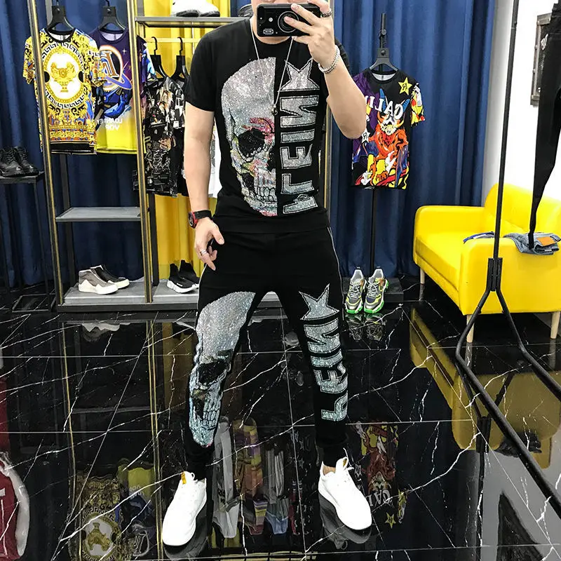 

2021 summer new short sleeve men's hot diamond ice Outfits Korean fashion summer clothes set