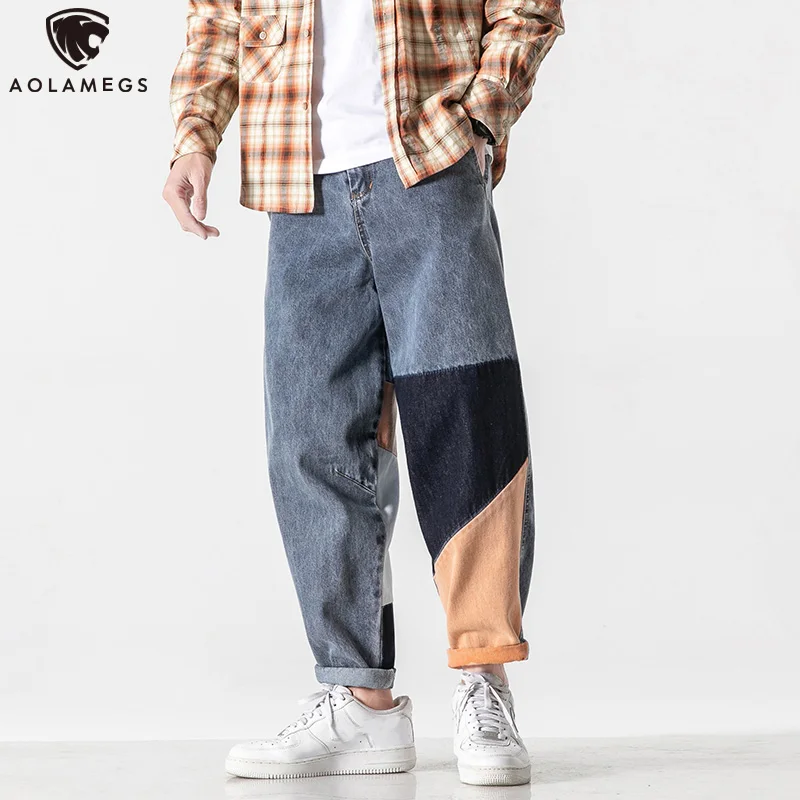 

Мужские свободные джинсы-карго Aolamegs, повседневные ковбойские брюки контрастных цветов в стиле пэчворк, уличная одежда в стиле Харадзюку, пр...