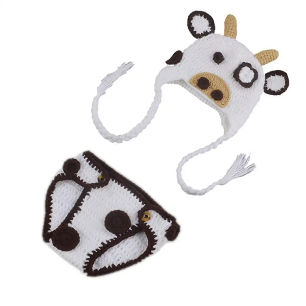 

1set Baby Knit Photo Clothing White Milk Cow Infant Hat Baby Hundred Days Woolen Knitted Photographic Costume Accessories