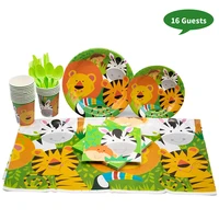 113 pcs kids jungle birthday party decorations cartoon disposable tableware paper plate cup flag girl boy baby shower supplies