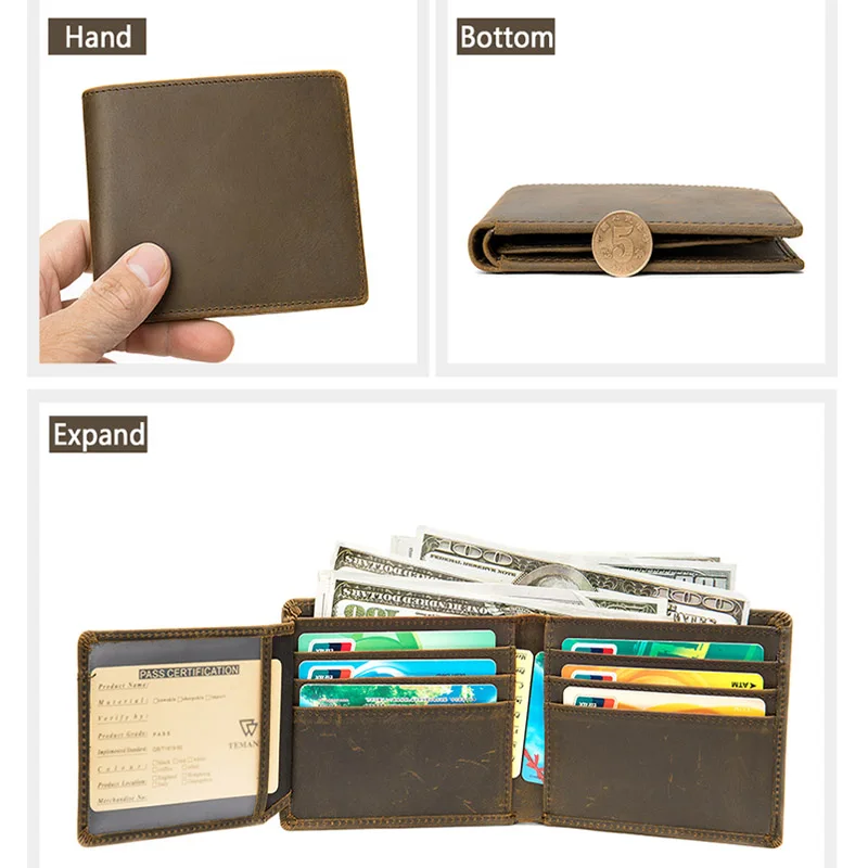 Luufan Crazy Horse Leather Mens Wallet Simple Genuine Short Bifold Purse Man Card Holder Zipper Coin Pocket Male Wallets | Багаж и сумки