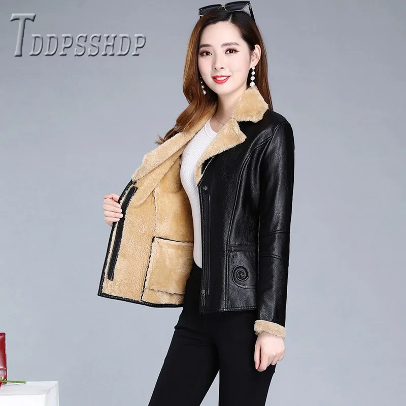 

Женская теплая куртка из искусственной кожи с отворотом, подкладка из пуха, Осень-зима 2019