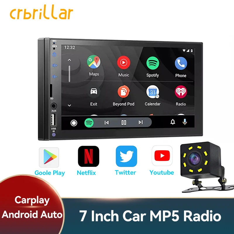 Crbrillar 2 Din Apple Carplay Car Radio Bluetooth Android-Auto Stereo Receiver 7