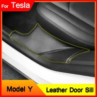 car door sill protector for tesla model y 3 leather bumper strip anti kick pad side edge film stickers