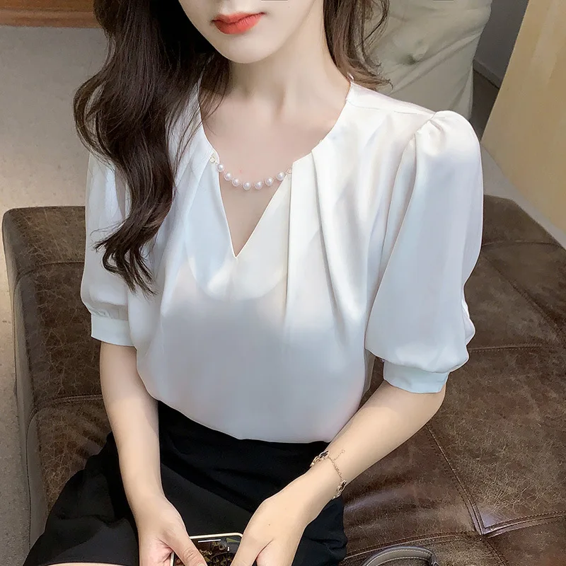 

Chiffon Slim Women's Blouses New Casual Blouse Solid Color Beaded V-neck Pullover Fashion Short Sleeve Top Summer 30024