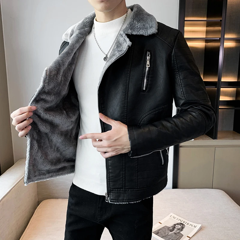 

Vintage Leather Jackets Men's Plus Velvet Thickened Motorcycle Jacket Casual Slim Biker PU Leather Coat Fake Fur Collar Overcoat