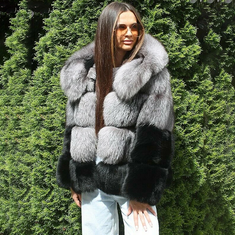 Fashion Silver Fox Fur Jacket with Hood Winter 2022 New Woman Casual Full Pelt Genuine Silver Fox Fur Coat Luxury Fur Overcoats