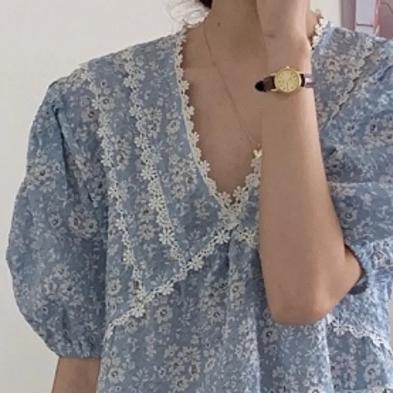 

Summer 2021 Vintage Patchwork Lace Mini Dress Puff Sleeve V-Neck Flora Dresses A-Line Waist Loose Sweet Fashion Vestido De Mujer