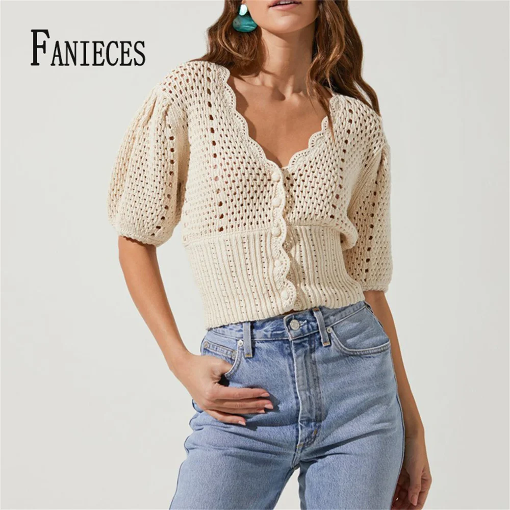 

FANIECES Summer Knitted Crop Tops Women Puff Short Sleeve Single Breasted Hollow Knit Blouses Elegant French Solid Streetwear