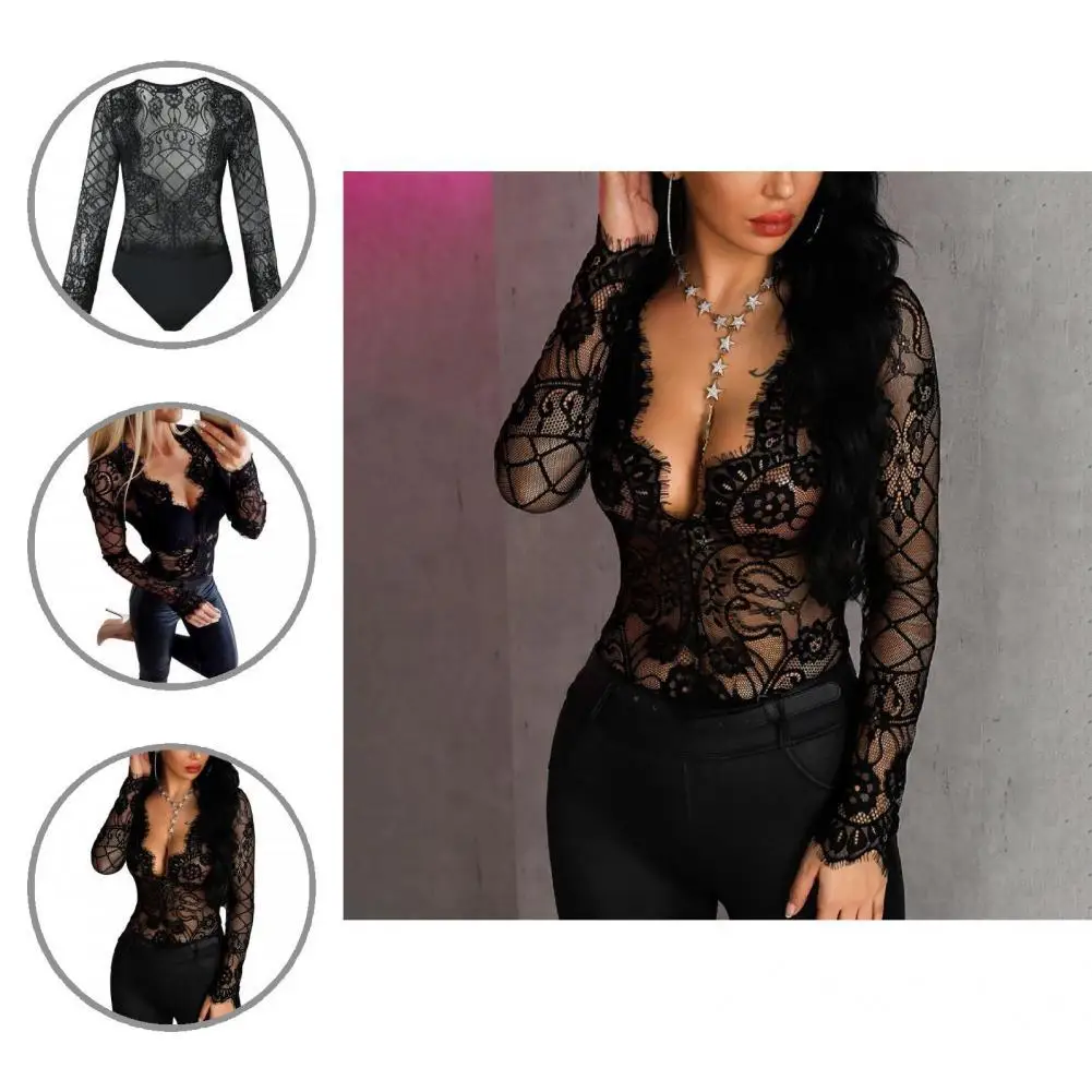

Wear Resistant Beautiful Sexy Floral Lace Deep Neck Bodysuit for Night Club