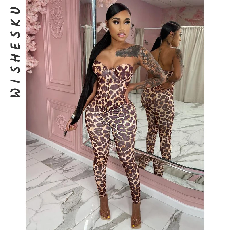 

Women Strapless Off-Shoulder Backless Corst Top Sexy Leopard Printed Skinny Pants Outfits 2021 Summer Party Slim Two Piece Set