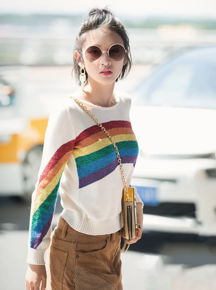 

Vintage Women Sweater Rainbow Pattern Knitting Elegant Slim Warm Color Fashion 2021 Spring Girls Pullover Office Lady Jumpers