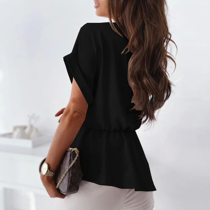 

2021 Summer Casual Short Sleeve Loose Tops Pullover Elegant Office Lady Solid Shirt Blouse Sexy V Neck Women Bandage Shirt