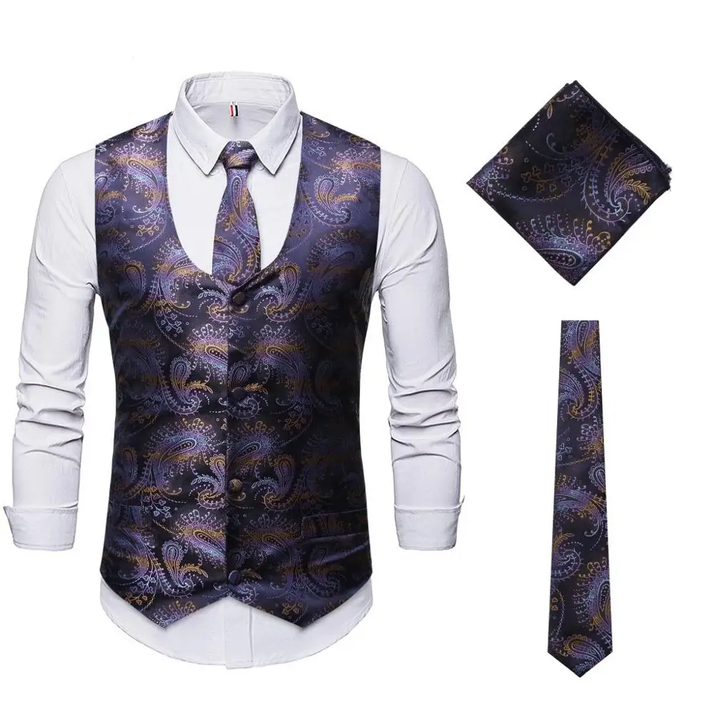Men's Purple Paisley Dress Vest Necktie Pocket Square Set 2022 Fashion Classic Party Wedding Tuxedo Vests Waistcoat Men Gilet | Мужская