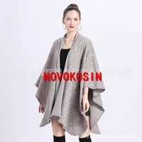 women big pendulum cardigan grey cloak winter thick knitted shawl 2021 diamond jacquard weave long poncho with hat