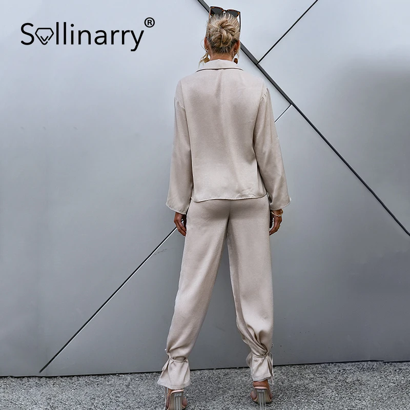 

Sollinarry Long sleeves lace up overall suits Causal ankle banded pants suit woman Pure color streetwear spring summer sets