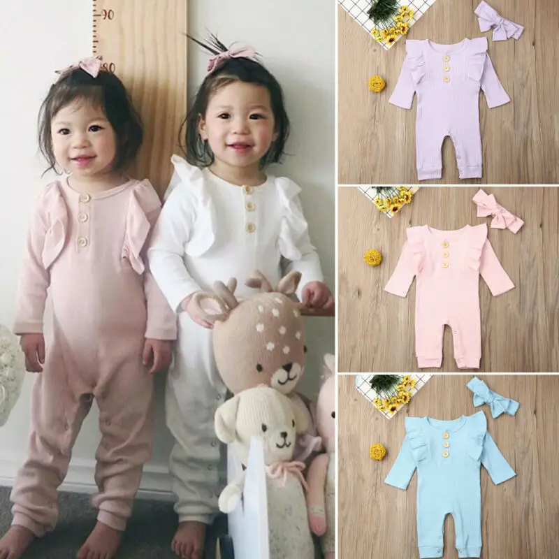 Bayi Anak Laki-laki Gadis Lengan Panjang Baju Monyet Jumpsuit Solid Keseluruhan Headband Bayi Balita Musim Gugur Rajutan Pakaian Set