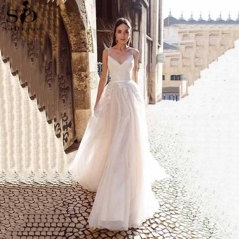 

Простое пляжное свадебное платье, сексуальное Белое Кружевное Свадебное платье с аппликацией и V-образным вырезом, женское платье