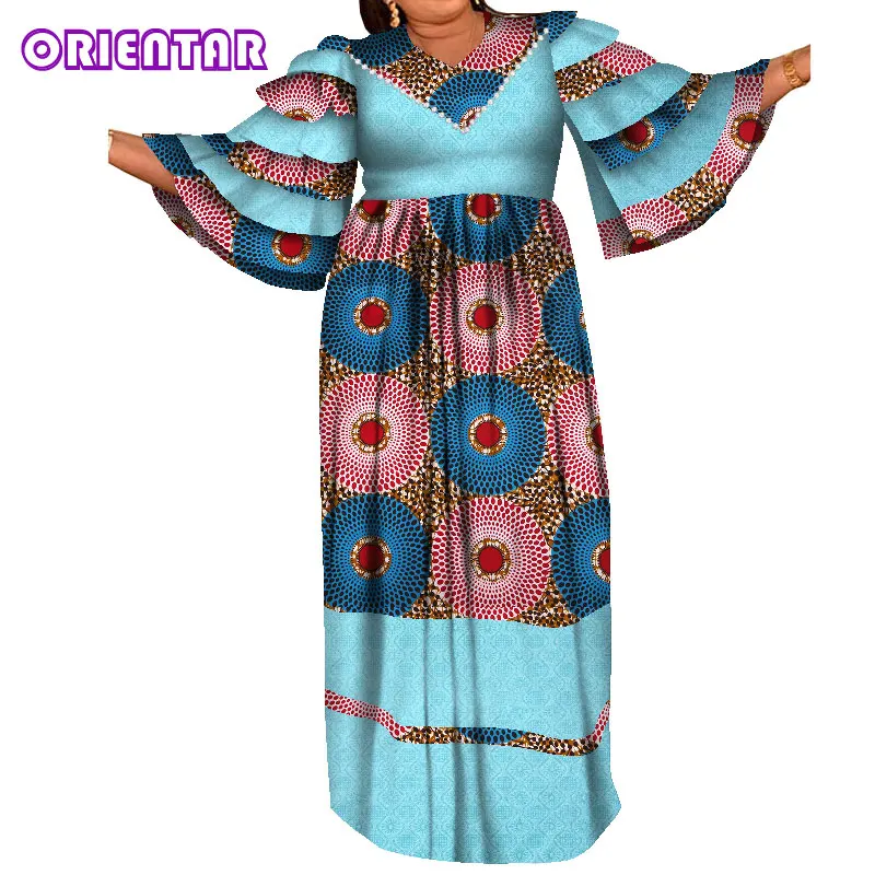 Women African Dress Multi-layer Flare Sleeve African Print Dresses Bazin Riche African Dashiki Dress Robe Africaine Femme WY8119