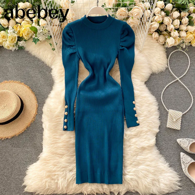 

Elegant Puff Sleeve Women Sweater Dress 2020 Autumn Winter Slim Stretch Bodycon Knitted Dress Ladies Office Dresses