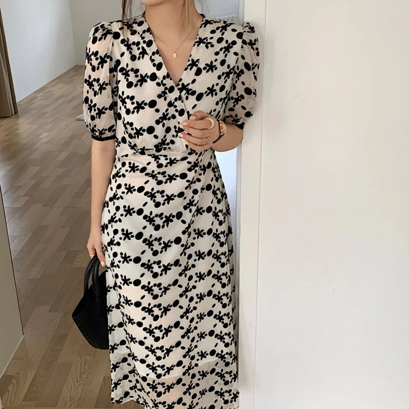 

Criss-Cross V-Neck Flocking Flower Dress Summer Women Fashion Short Sleeve High Waist Midi Length Vestidos Mujer Elegant