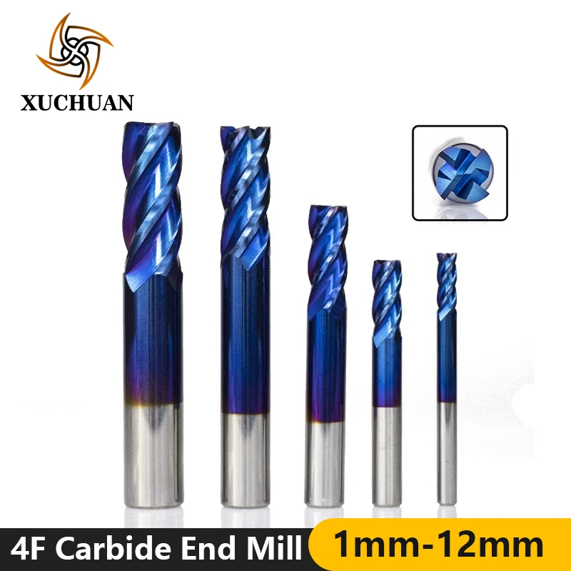 1pc 1-12mm HRC 50 Carbide End Mill 4 Flutes CNC Router Bit Nano Blue Coated Spiral Engraving Bit End Milling Cutter