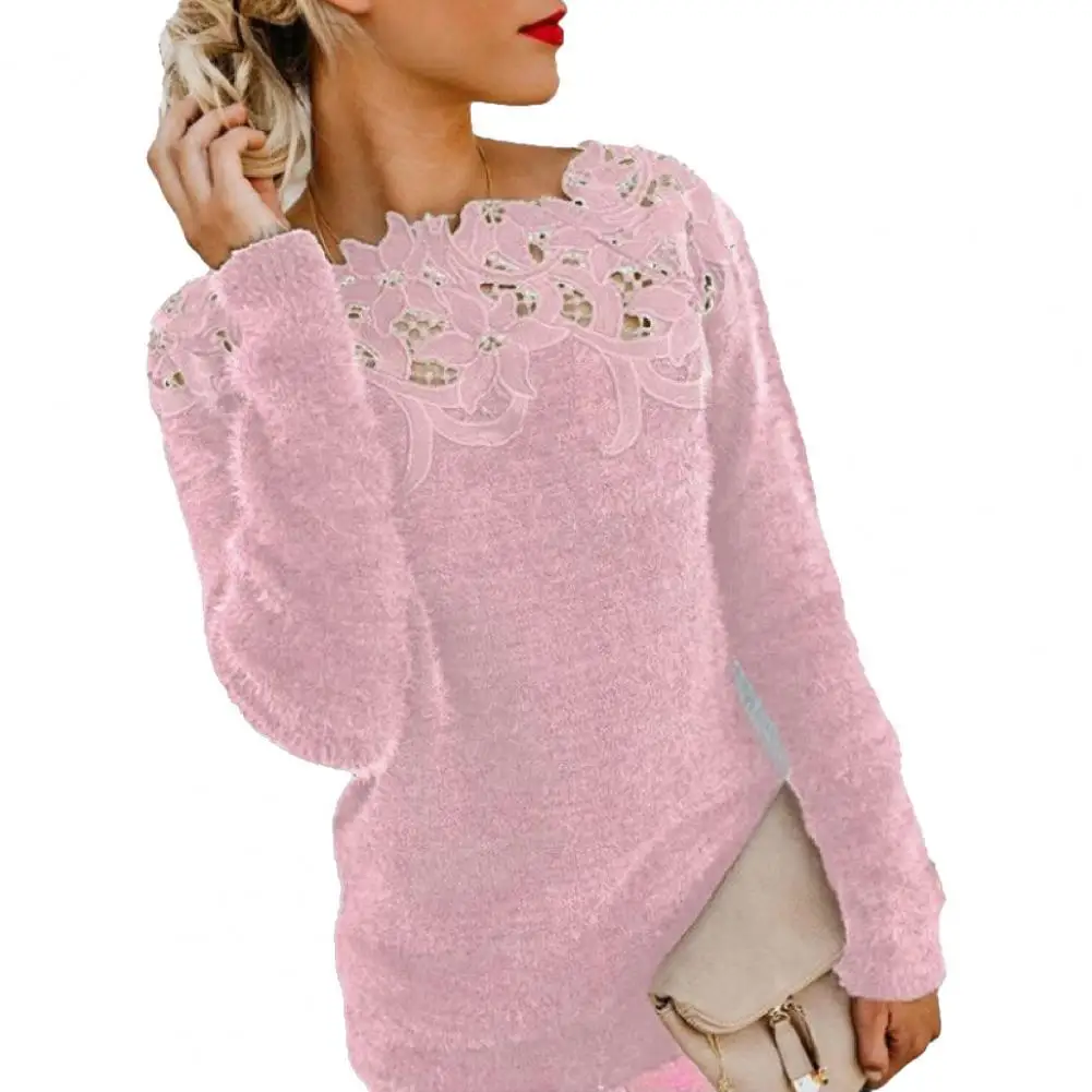 

Office Lady Sweater Lace Patchwork Autumn Winter Thick Warm Knitted Pullover Pure Color See Through Sweater