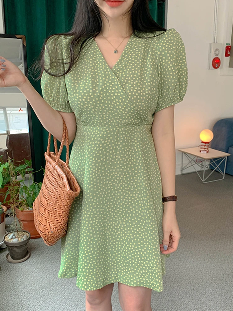 

Summer Women's Dress 2021 V-Neck Short Puff Sleeve Bow Polka Dot Dress Strappy Green Vintage Casual Clothes Sweet Mini Dress