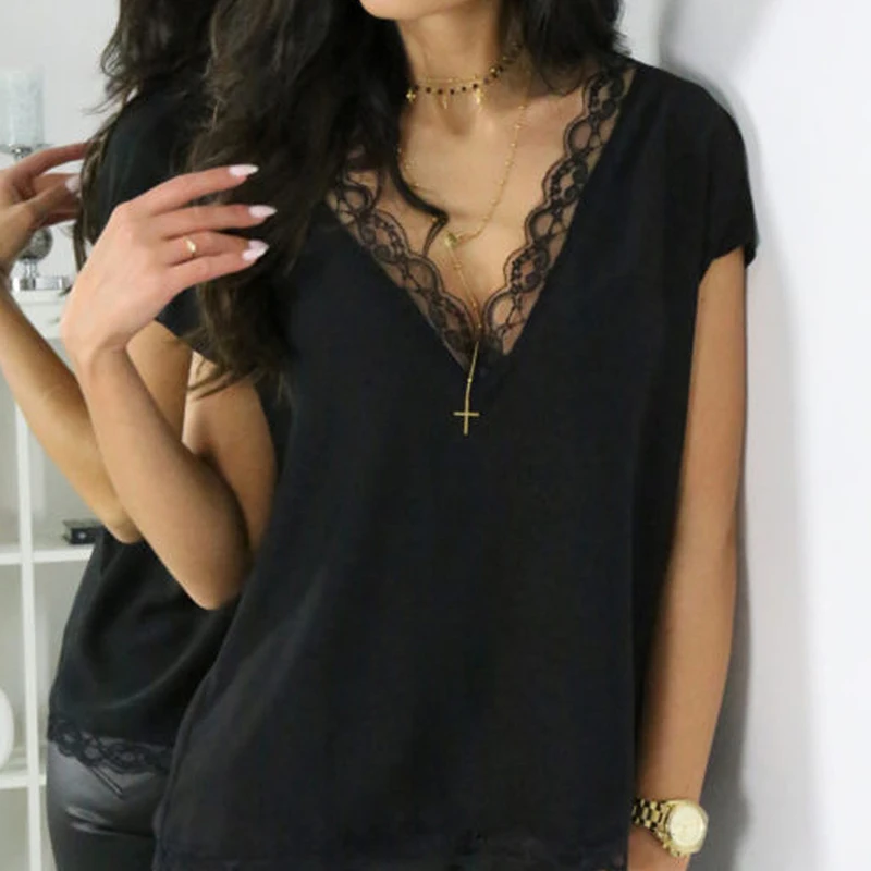 

Paris Girl Summer Sexy Women V-Neck Tees Tops Solid Color Lace T Shirt Short Sleeve Loose Casual T Shirts Fashion Ladies