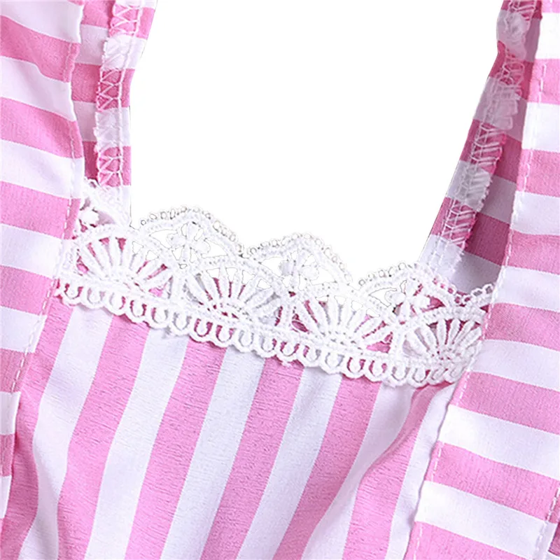 

2021 Kids Baby Girls Clothes Dress Summer Ruffles Sleeve Dress Fresh Striped Lace Patchwork Trim Backless A-line Princess Dress
