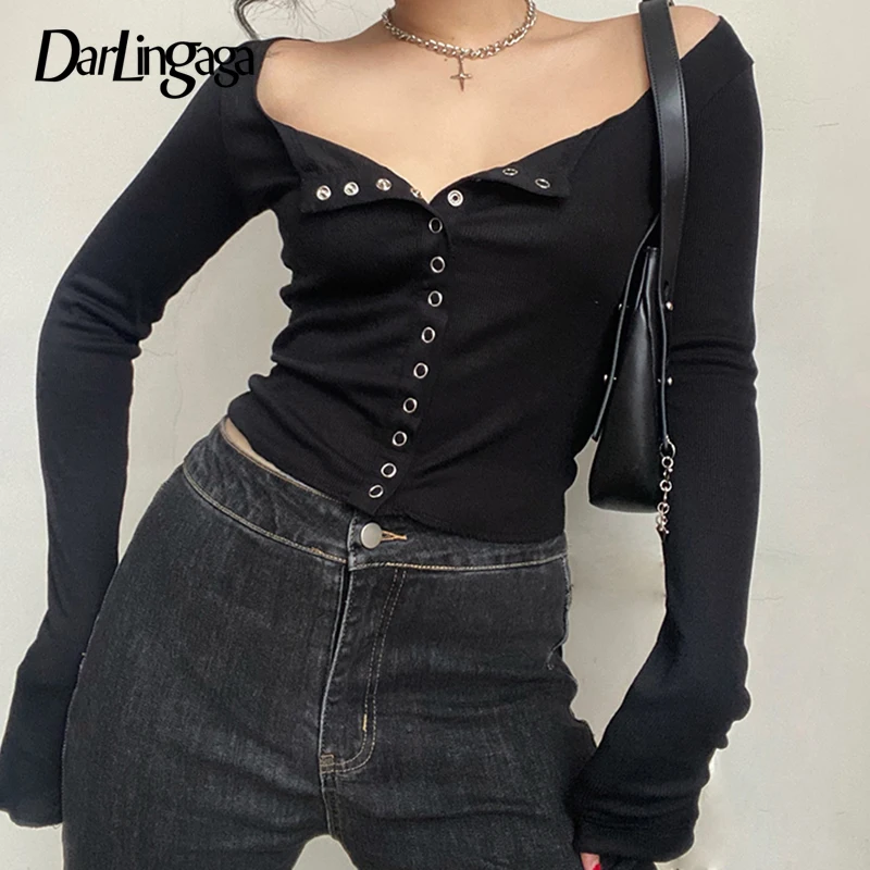 

Darlingaga Square Collar Solid Basic Spring Long Sleeve T-shirts for Women Korean Fashion Buttons Up Cardigan Crop Tops Slim Tee