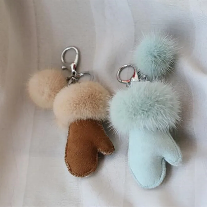 new keychain of real mink fur women fashion accessories mobile phone bag pendant leather fur mitten girls key ring free global shipping