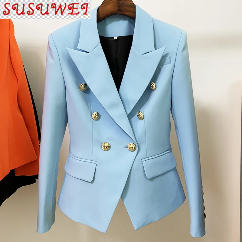 

Женский двубортный Блейзер, Небесно-Голубой пиджак с металлической пряжкой и пуговицами, приталенный костюм, 2021