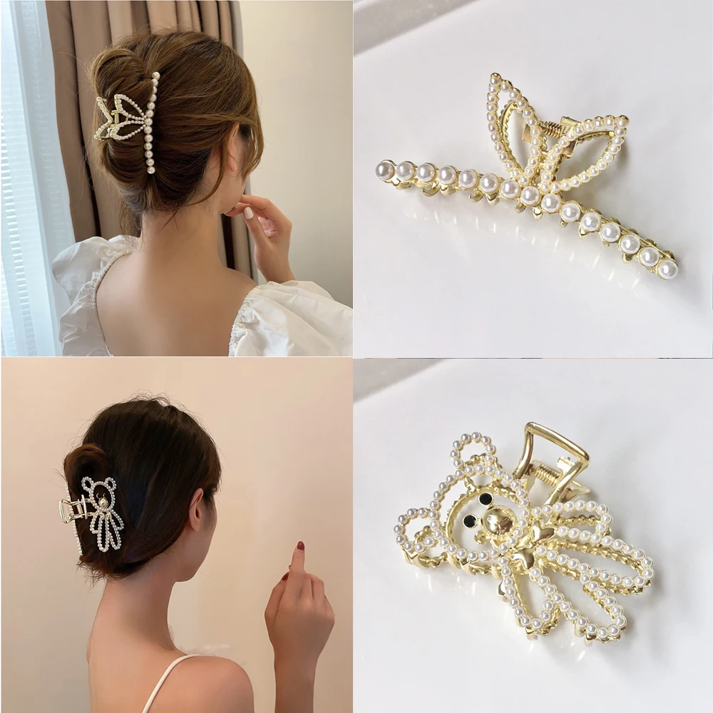 

Fashion Women Elegant Hollow Geometric Metal Hair Claw Vintage Pearl Hair Clips Headband Hairpin Peacock Bear Hair Accessories