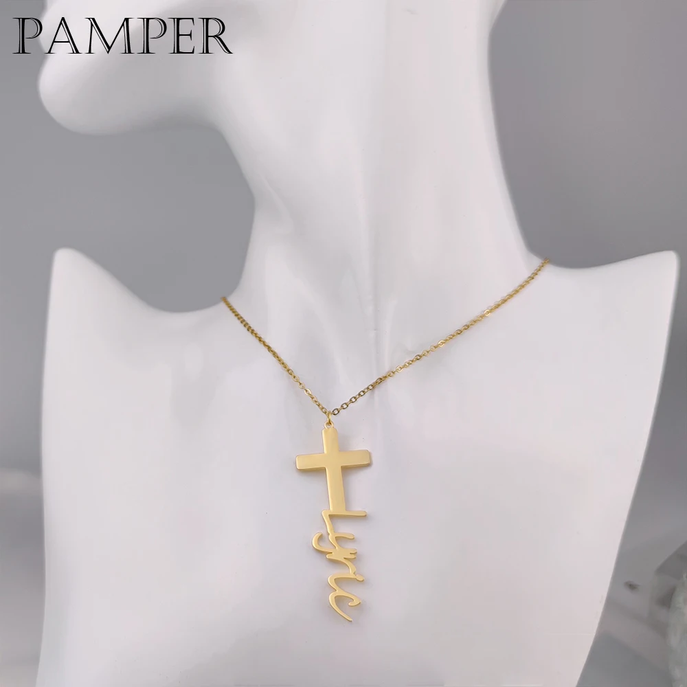 

PAMPER Cross Pendant Custom Name Necklace Stainless Steel Jesus Jewelry Personalized Nameplate Necklace Religious Amulet Gift