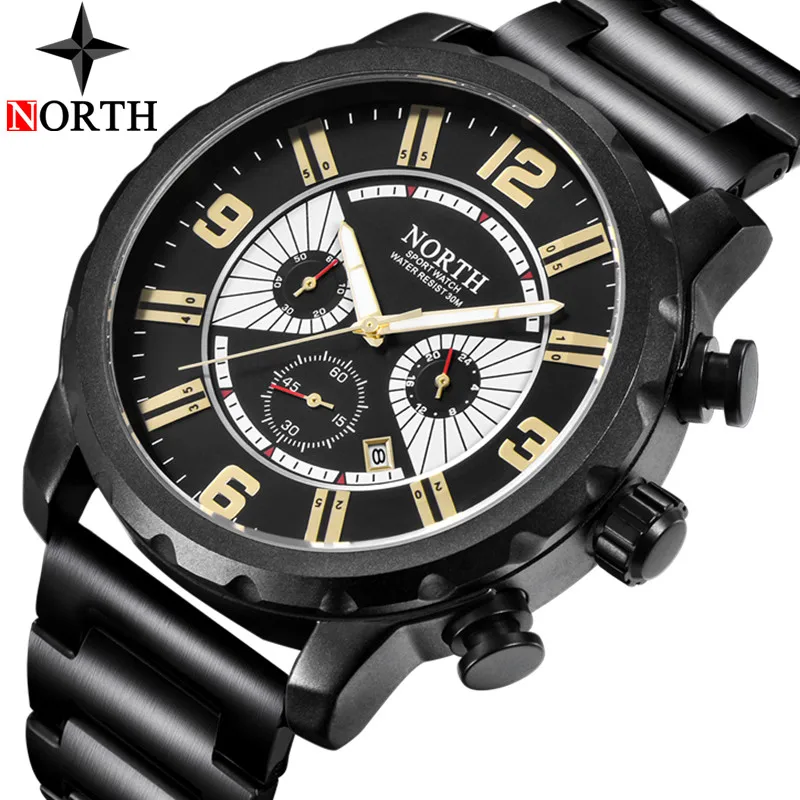 

NORTH New Mens Watches Top Brand Luxury Quartz Clock Full Steel Chronograph Waterproof Sport Watch for Men Relogio Masculino