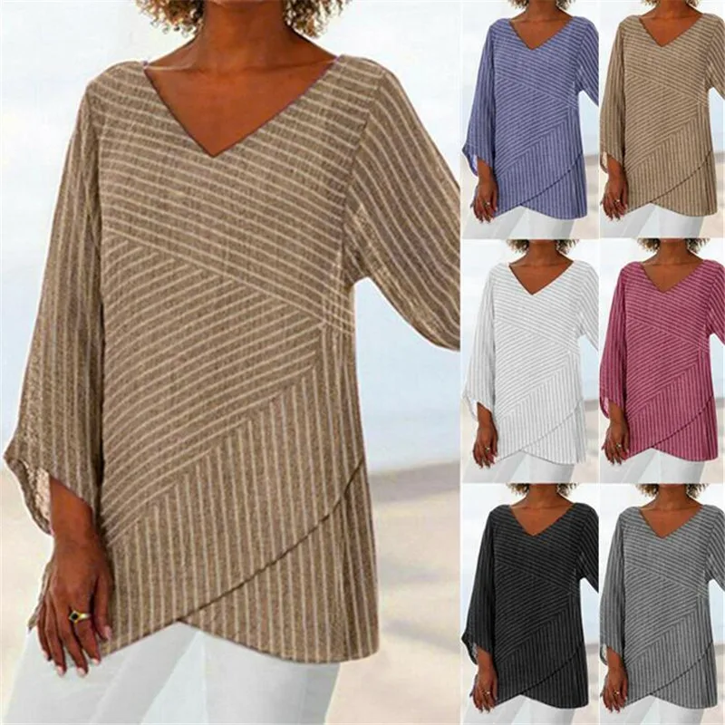 

New V-neck solid color cross-stripe women's long-sleeved blouse