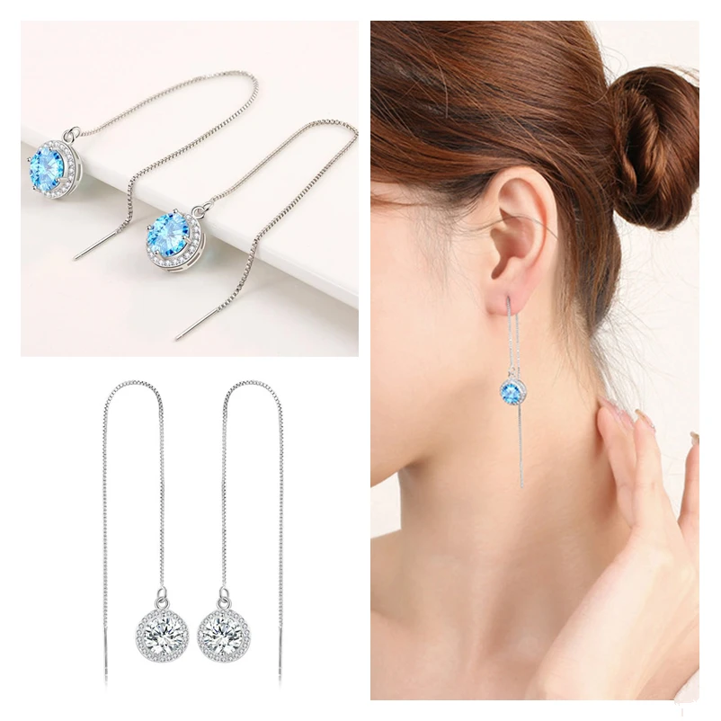 

Новое поступление, посеребренные серьги для женщин, ювелирные изделия, модные Кристальные синие длинные серьги, яркие циркониевые женские ...