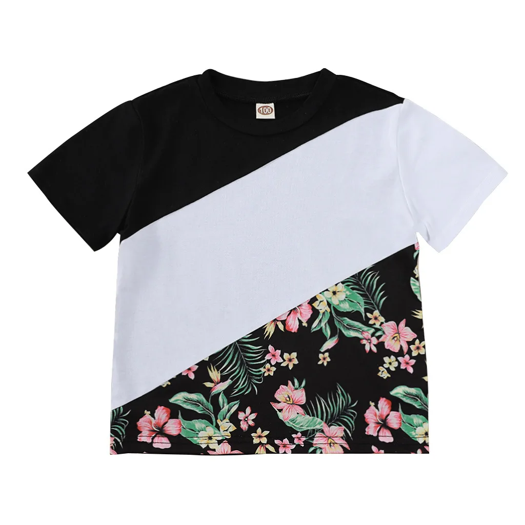 

Summer Children Casual Cotton Short Sleeve O Neck Patchwork Print Floral Casual Baby Girl Or Boys T-shirt 3-10T