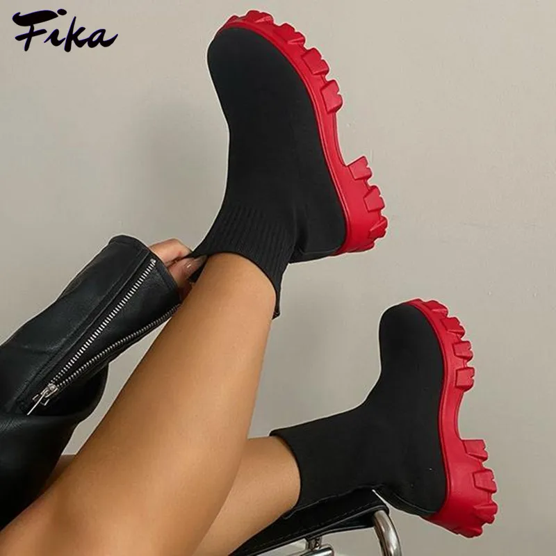 

Boots Women 2021 Autumn Socks Shoes Womens Thick-soled Casual Platform Large Size Winter Red Knitted Short Boots Botas De Mujer