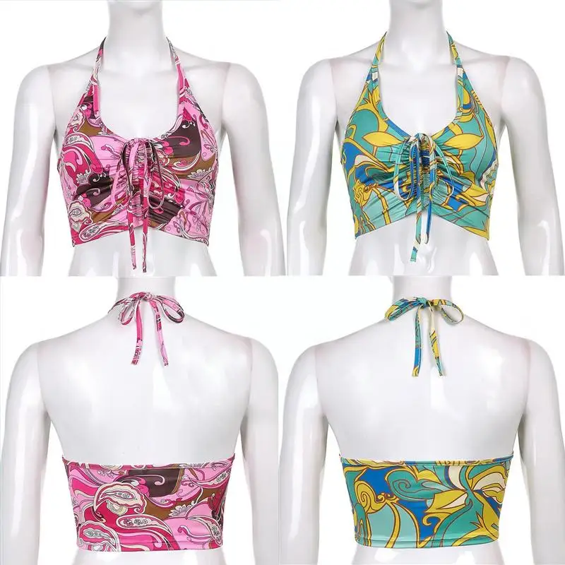 

Sexy Y2K Aesthetic 90s Off Shoulder Skinny Halter Front Top Camis Backless Fashion Summer Sleeveless Crop Women Drawstring S1X7