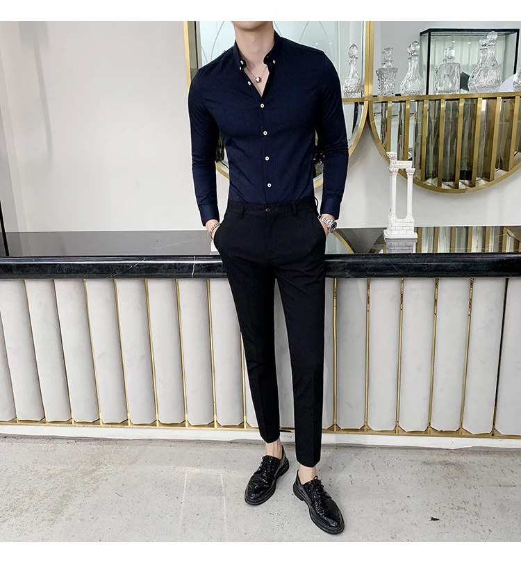 Высококачественная мужская приталенная Повседневная рубашка с длинным рукавом Весенняя однотонная деловая рубашка 4xl