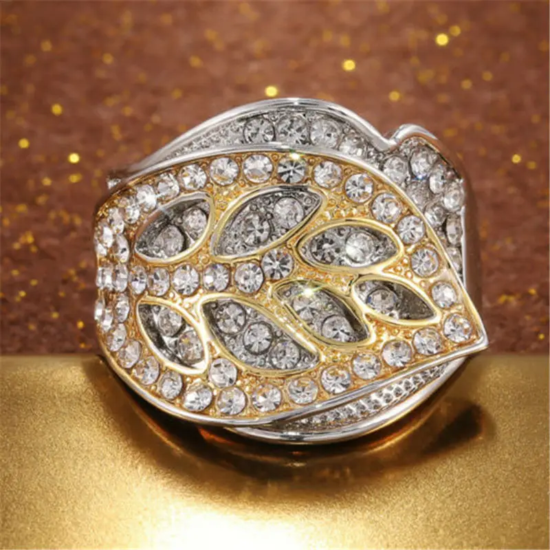 

Luxury Rhinestone Creative Leaf Two Tone Rings for Women Wedding Fashion Ring Exquisite Anniversary Birthday Gift Jewelry